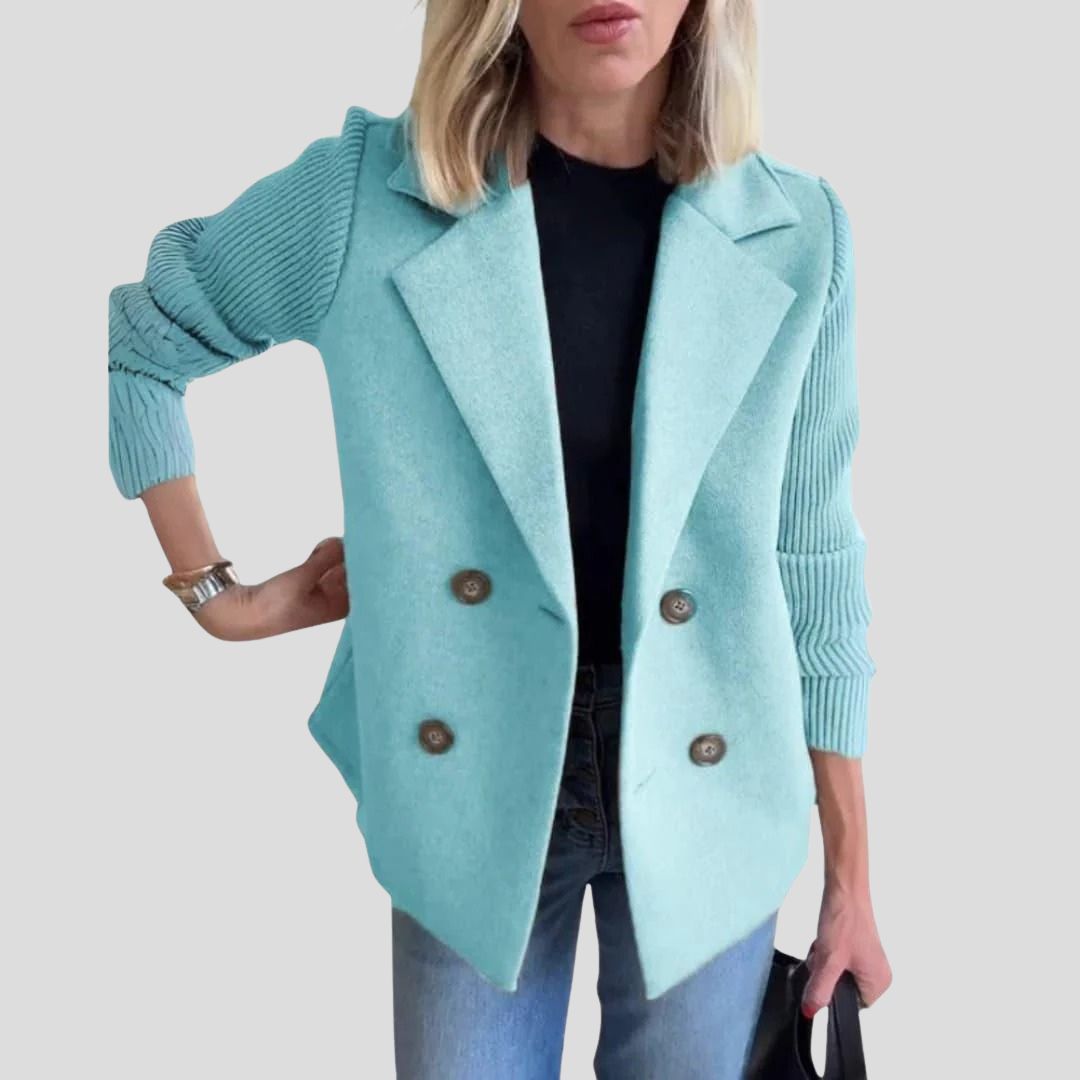 Women's Structured Blazer Jacket with Contrast Knit Sleeves