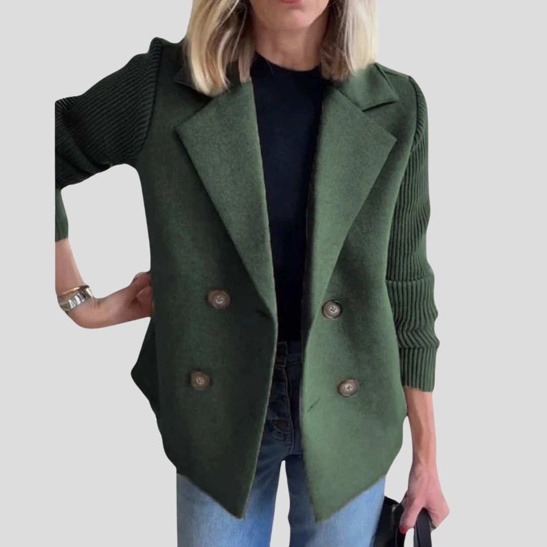 Women's Structured Blazer Jacket with Contrast Knit Sleeves