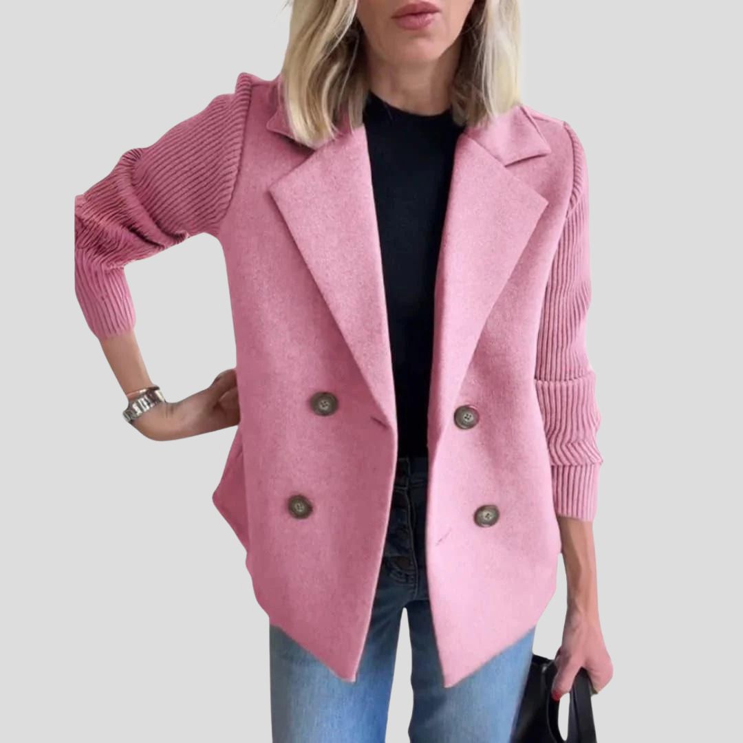 Women's Structured Blazer Jacket with Contrast Knit Sleeves