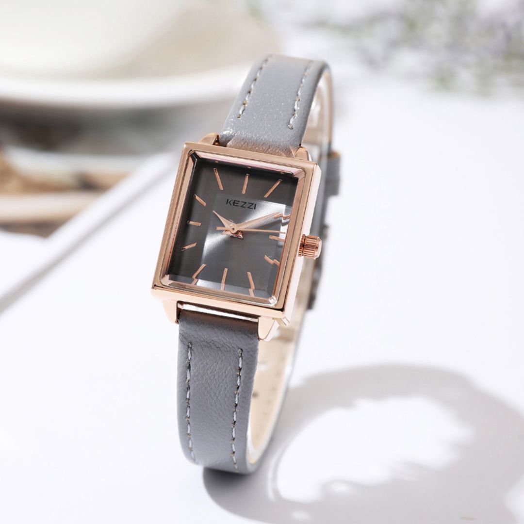 Women's Square Dial Watch with Stitched Band Detail