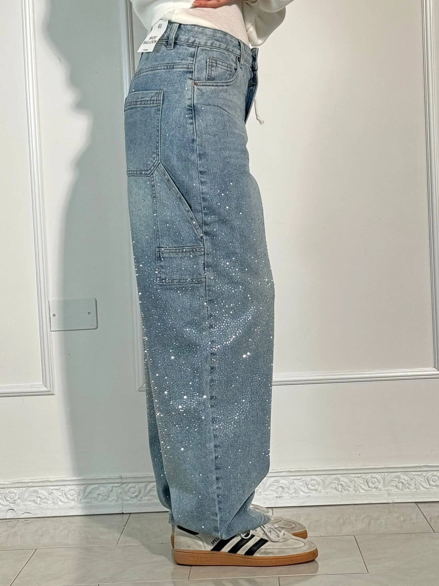 Crystal-Dusted Cargo Denim