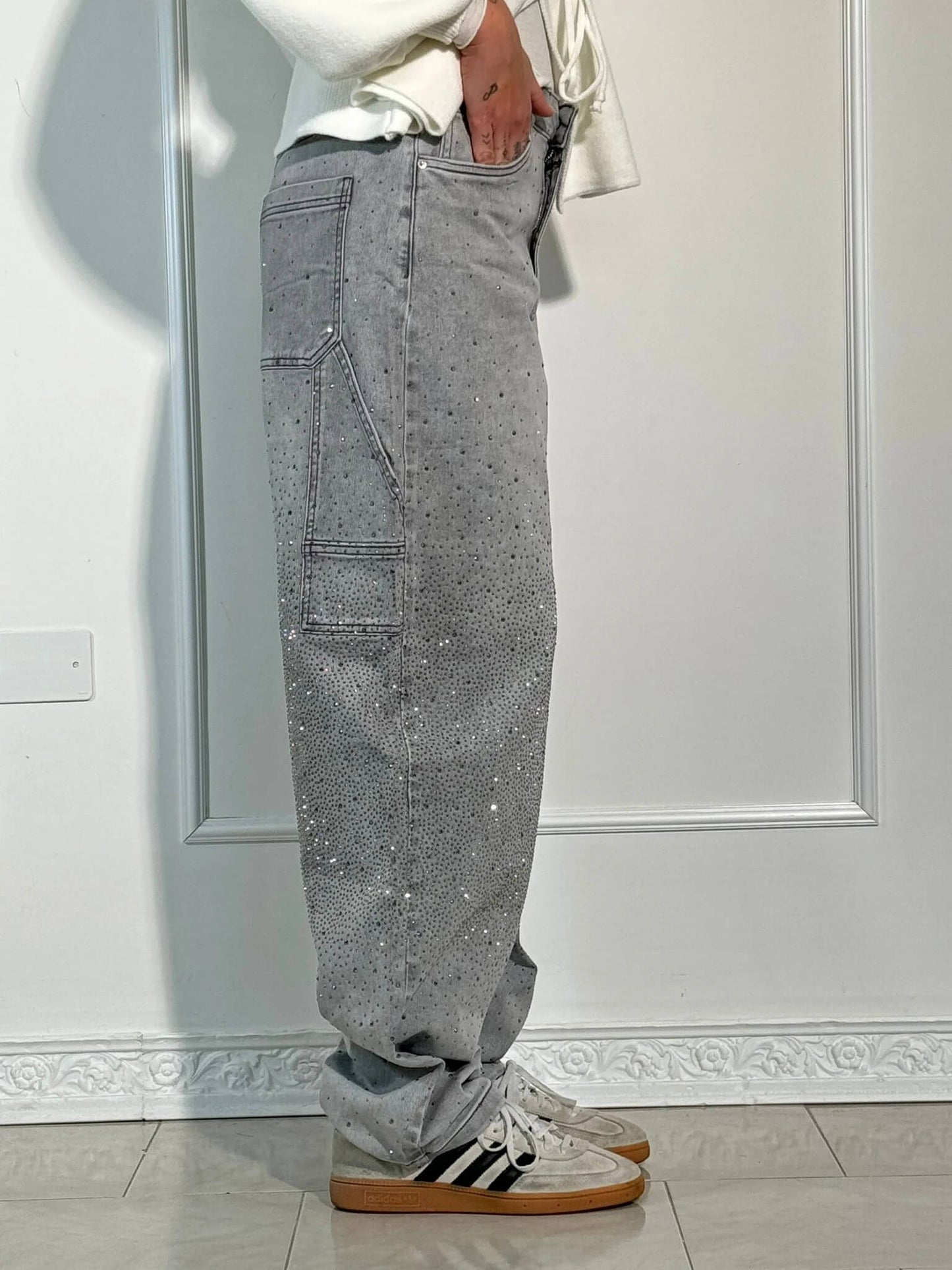 Crystal-Dusted Cargo Denim