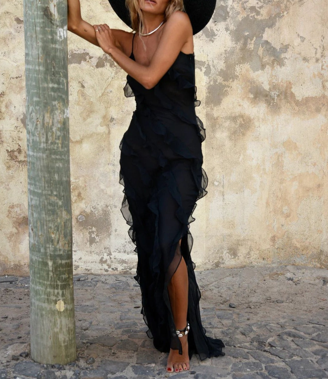 Women's Layered Ruffle Maxi Dress with Thin Straps