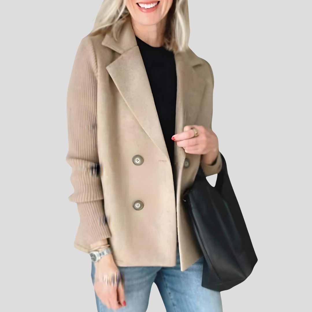 Women's Structured Blazer Jacket with Contrast Knit Sleeves