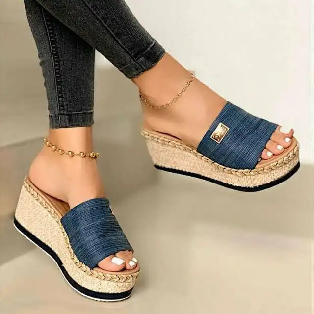 Rope-Trimmed Wedge Mules