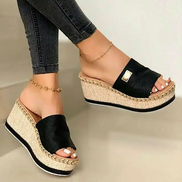 Rope-Trimmed Wedge Mules