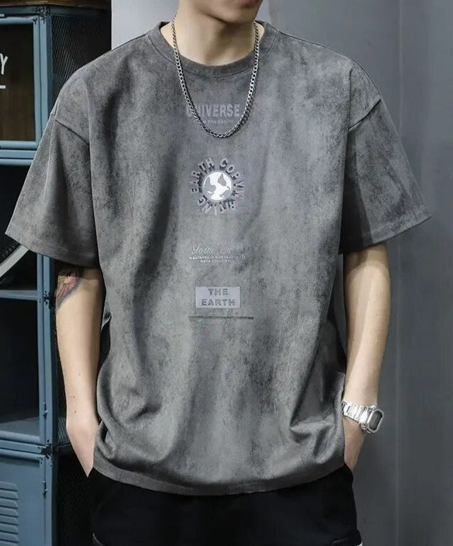 Vintage-Style Short Sleeve Top with Text Graphic