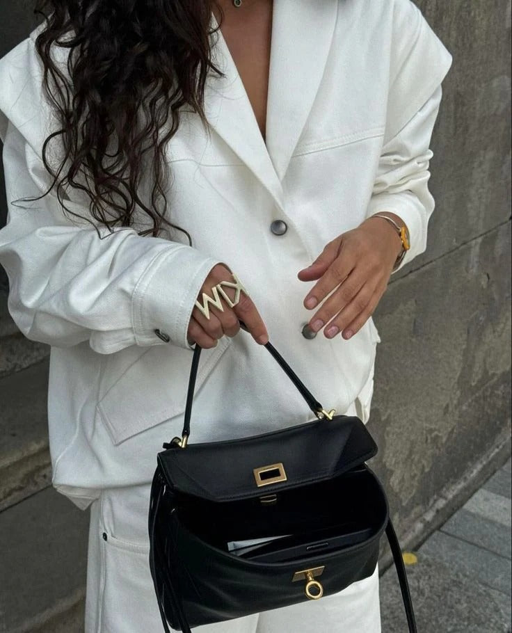 Structured Turn-Lock Shoulder Bag
