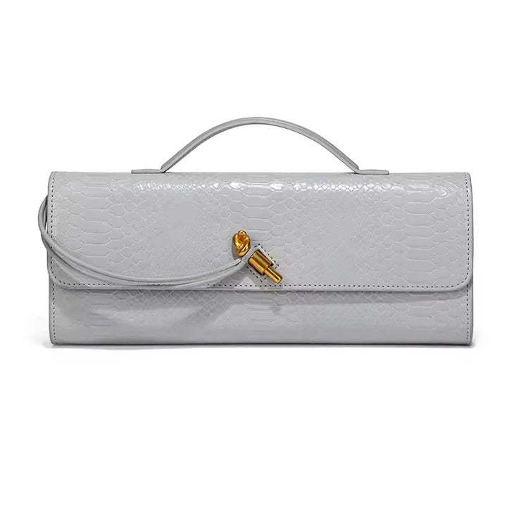 Curved Handle Clutch with Embossed Strap Detail