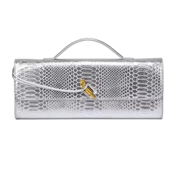 Curved Handle Clutch with Embossed Strap Detail