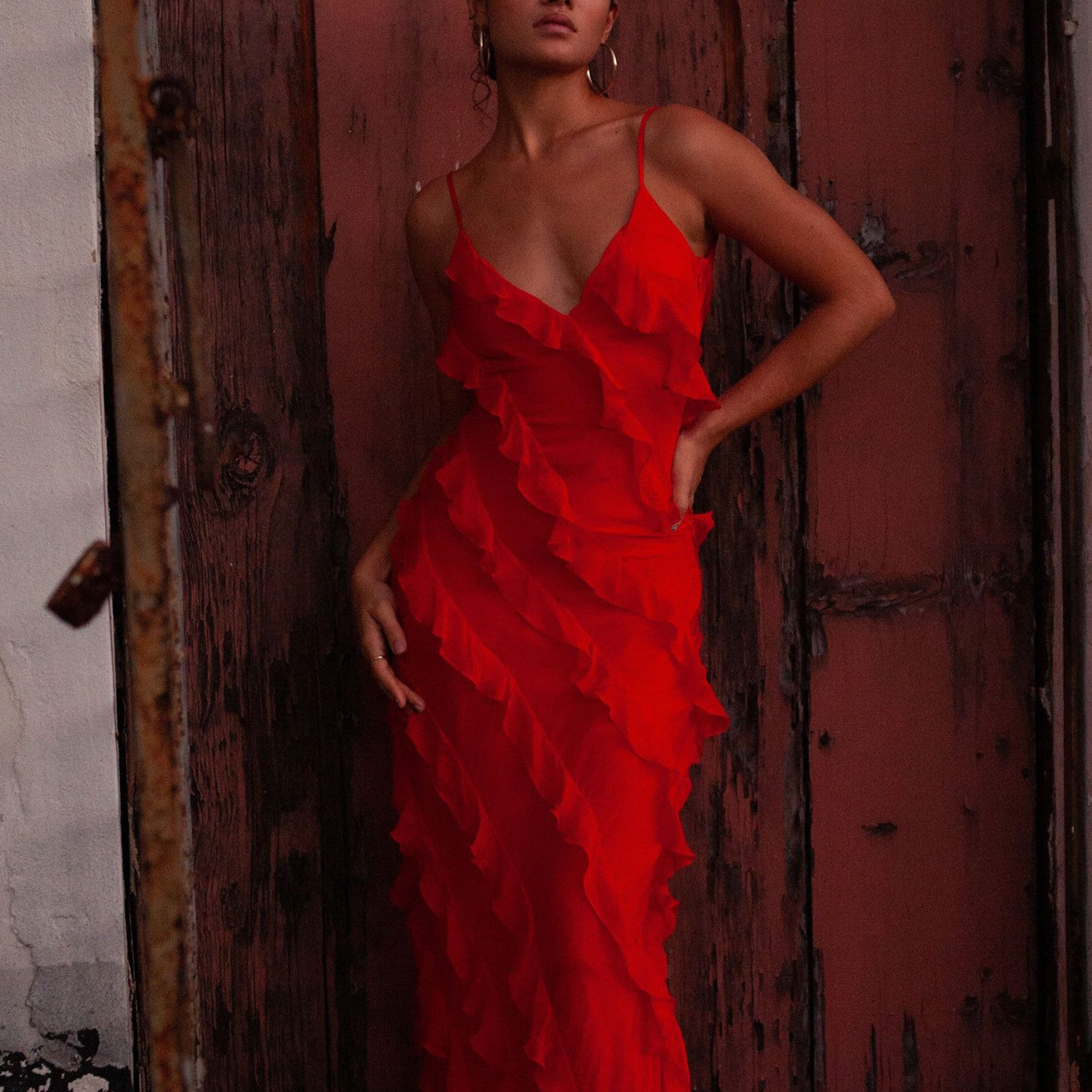 Women's Layered Ruffle Maxi Dress with Thin Straps