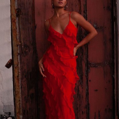 Women's Layered Ruffle Maxi Dress with Thin Straps