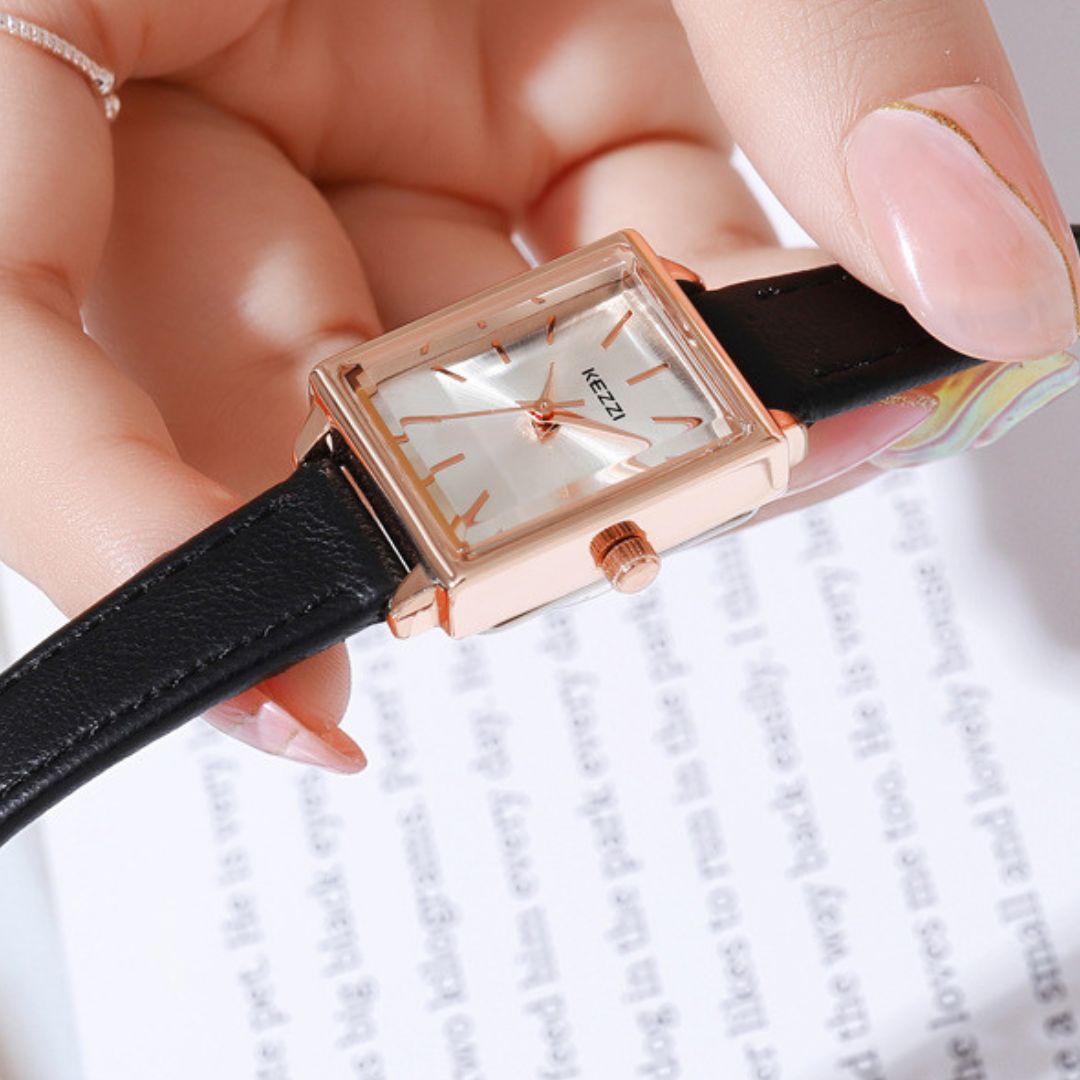 Women's Square Dial Watch with Stitched Band Detail
