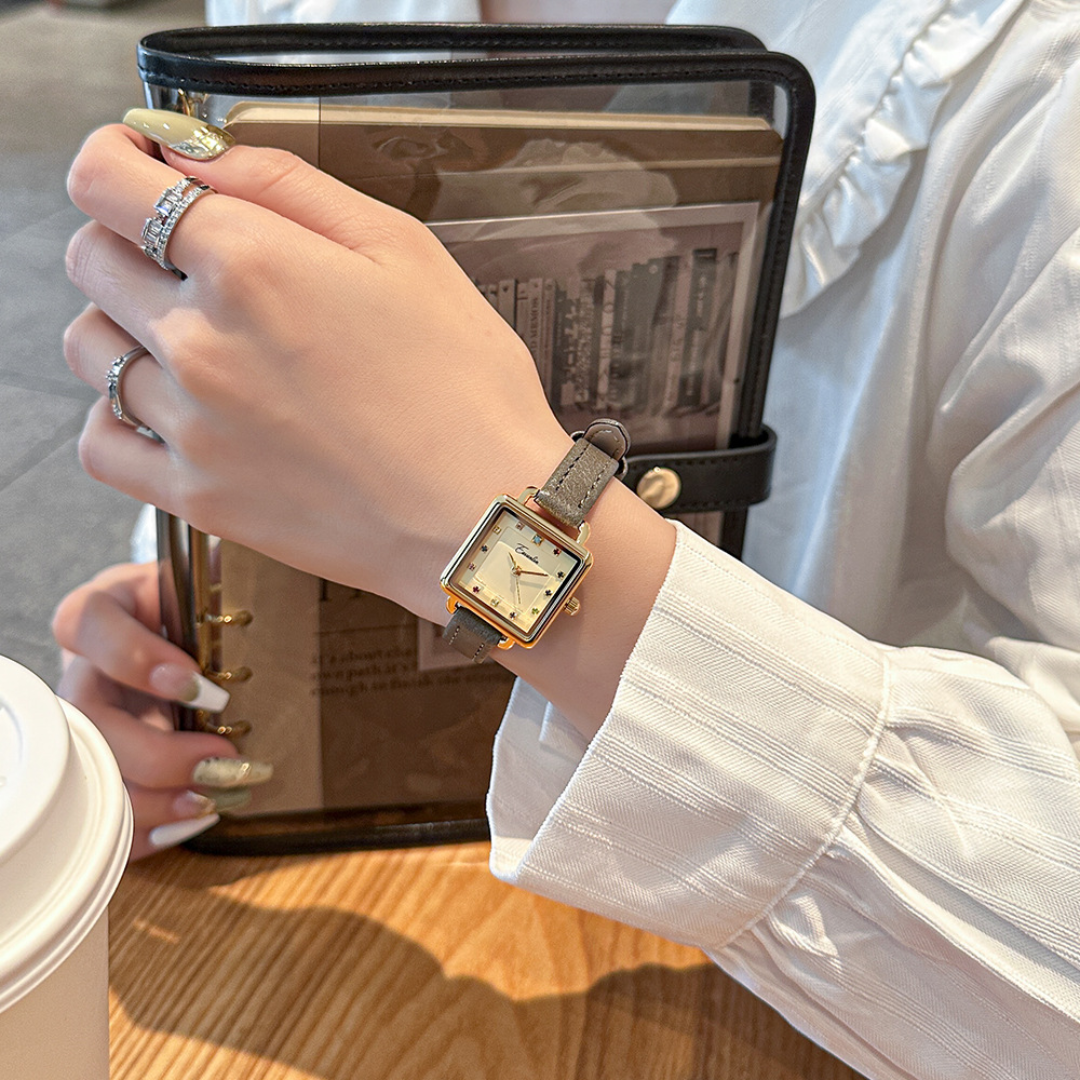Women's Square Dial Watch with Multi-Marker Face and Patterned Strap