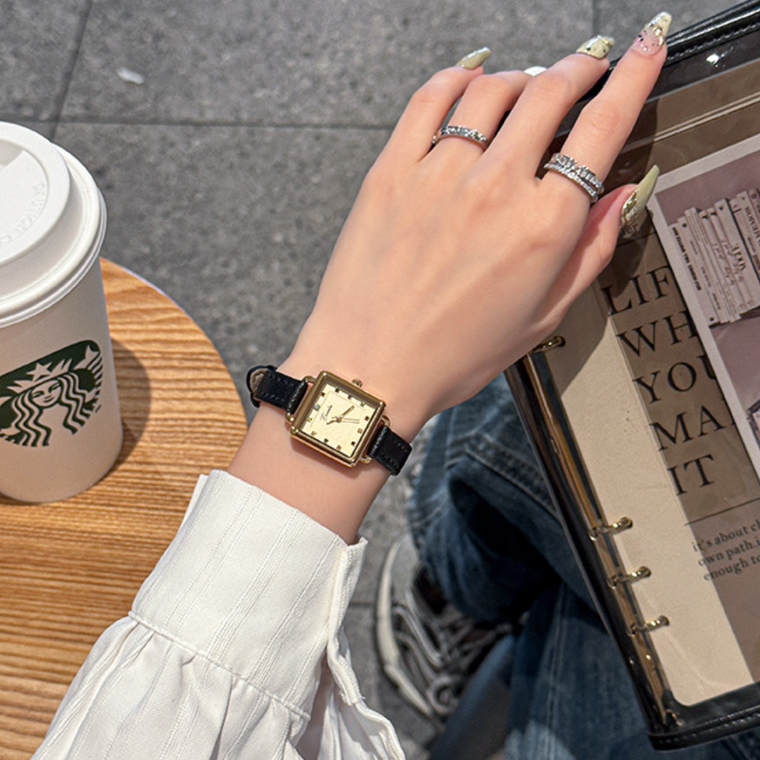 Women's Square Dial Watch with Multi-Marker Face and Patterned Strap