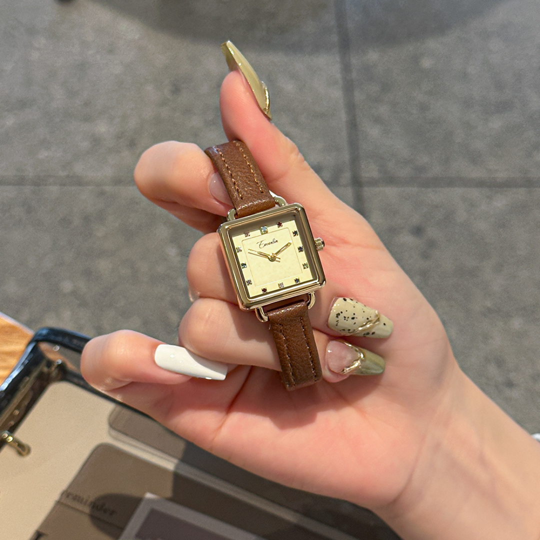 Women's Square Dial Watch with Multi-Marker Face and Patterned Strap