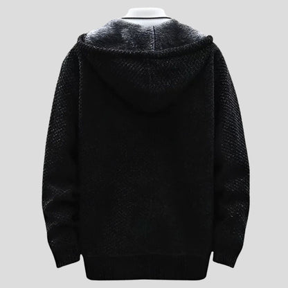 Men's Knit Hooded Zip Jacket with Patterned Exterior