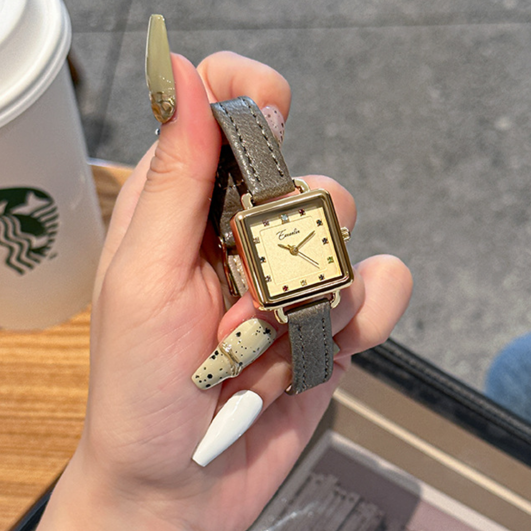 Women's Square Dial Watch with Multi-Marker Face and Patterned Strap