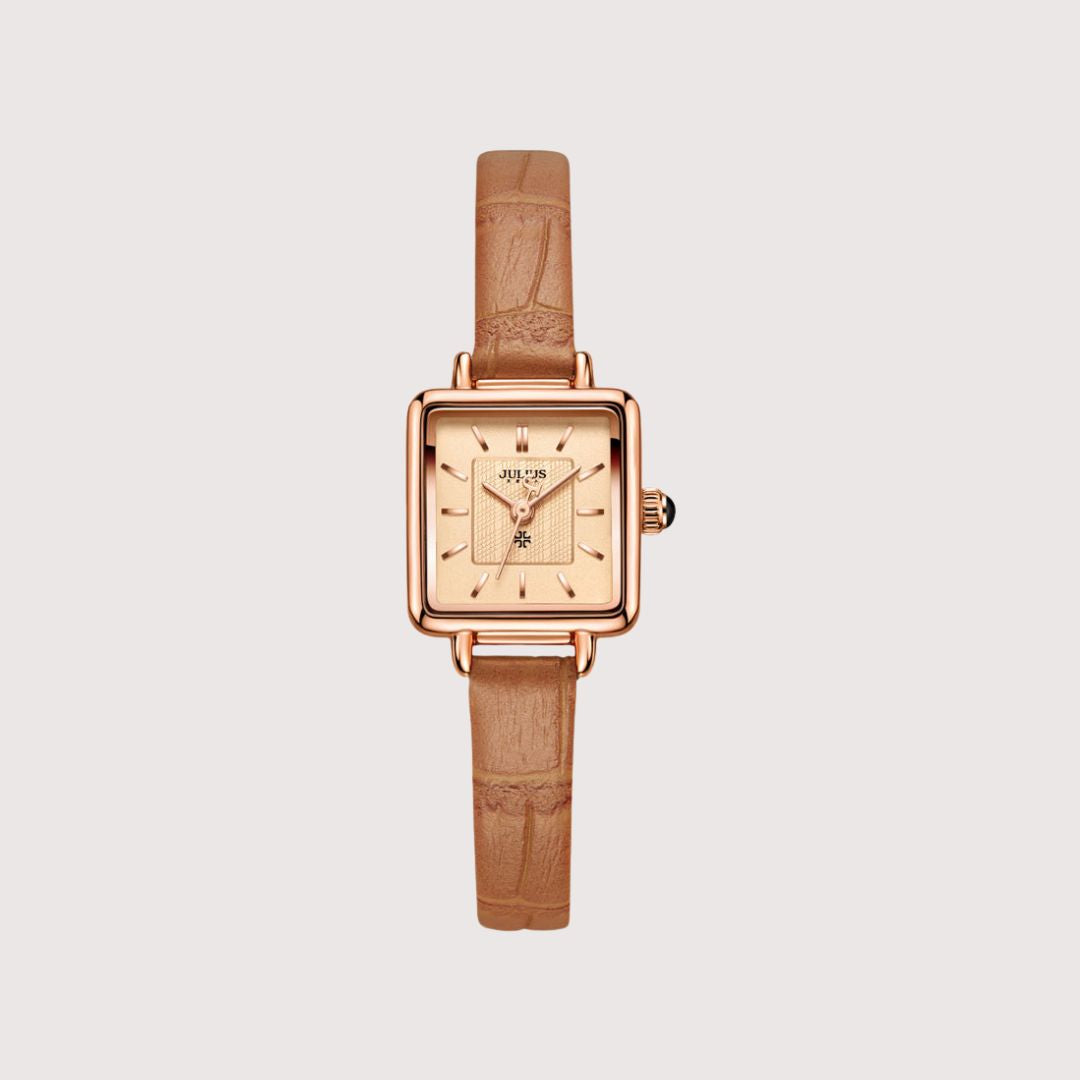 Women's Minimal Square Dial Watch with Grain-Pattern Strap