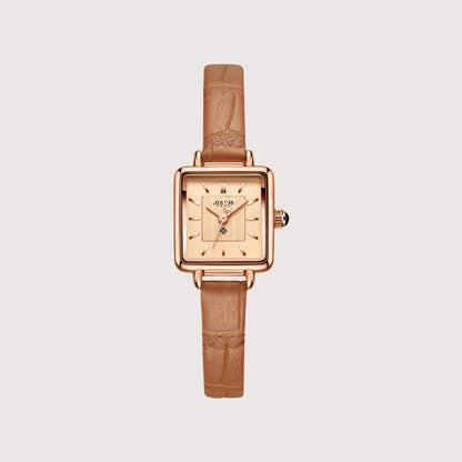 Women's Minimal Square Dial Watch with Grain-Pattern Strap