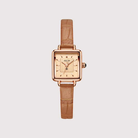Women's Minimal Square Dial Watch with Grain-Pattern Strap