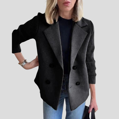 Women's Structured Blazer Jacket with Contrast Knit Sleeves