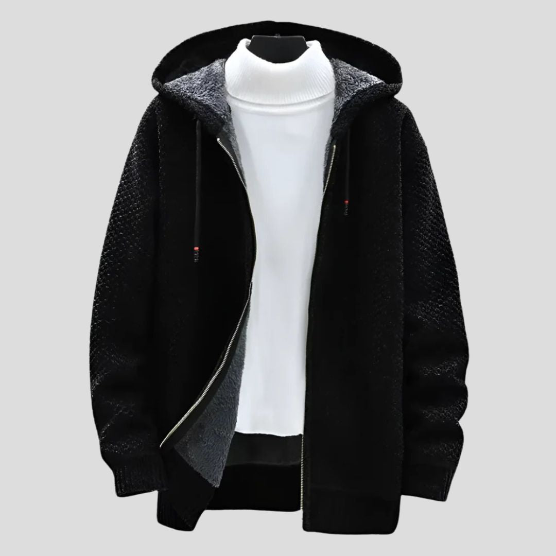Men's Knit Hooded Zip Jacket with Patterned Exterior