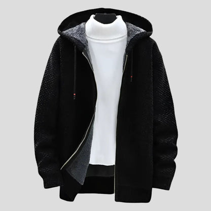 Men's Knit Hooded Zip Jacket with Patterned Exterior