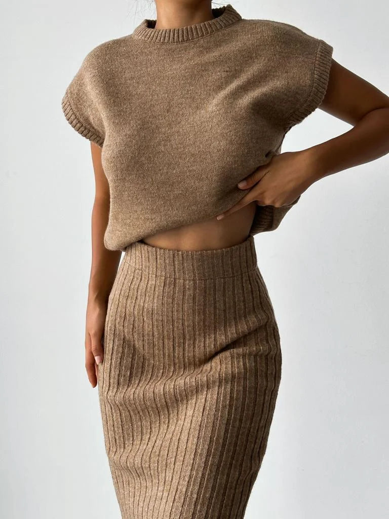 Fitted Rib-Knit Skirt Set