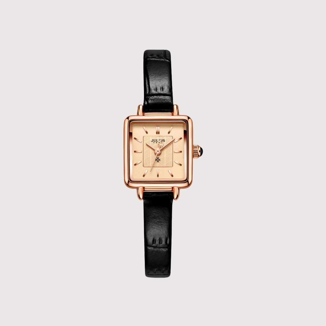 Women's Minimal Square Dial Watch with Grain-Pattern Strap