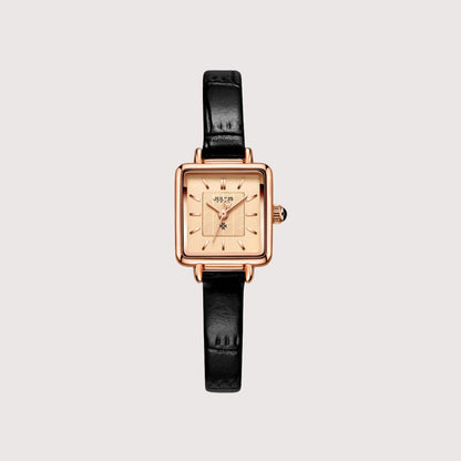 Women's Minimal Square Dial Watch with Grain-Pattern Strap