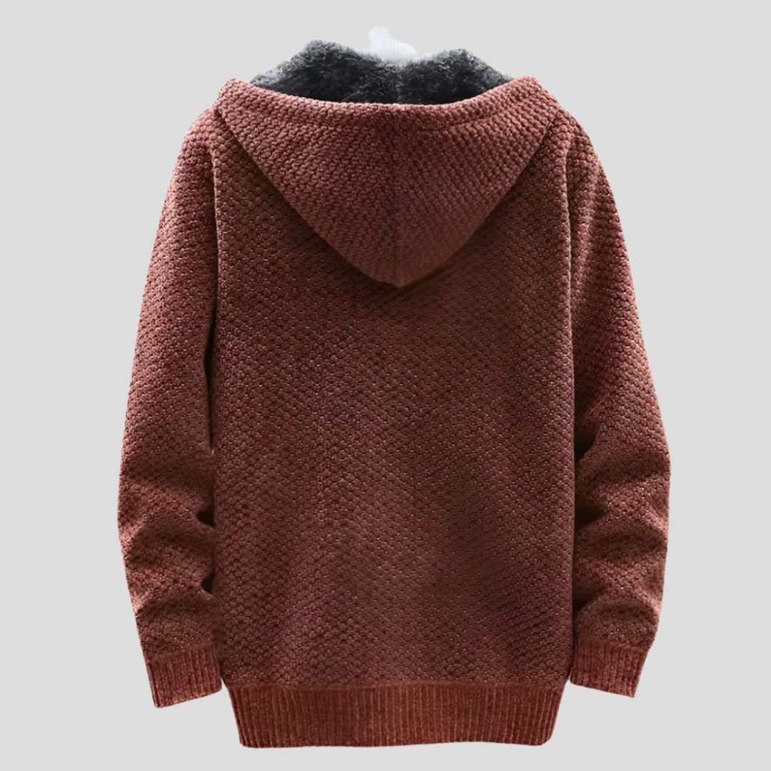 Men's Knit Hooded Zip Jacket with Patterned Exterior