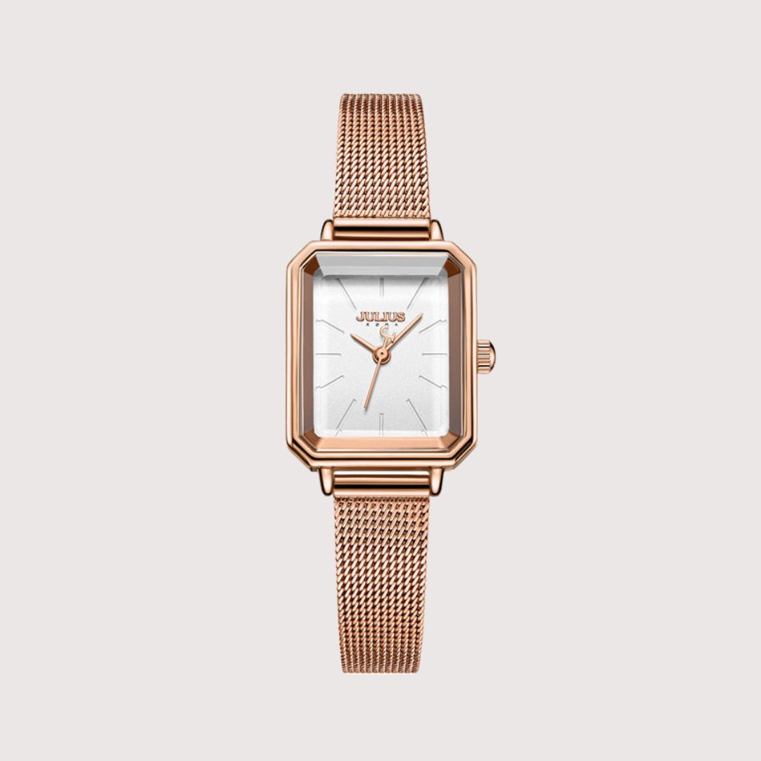 Women's Rectangular Face Watch with Fine Mesh Band