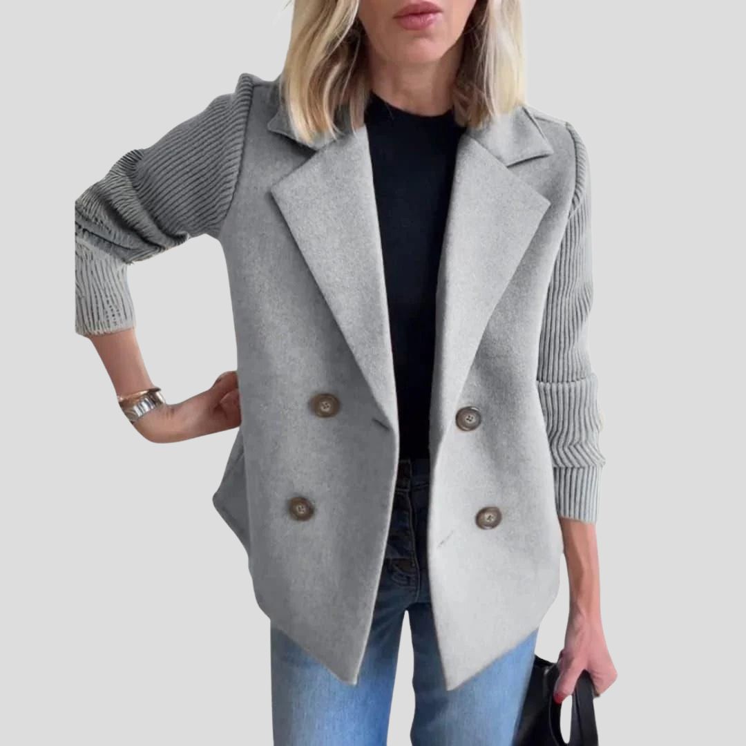 Women's Structured Blazer Jacket with Contrast Knit Sleeves
