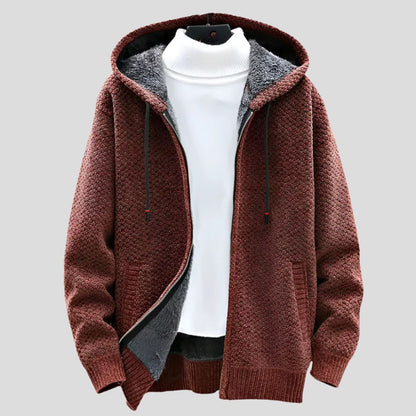 Men's Knit Hooded Zip Jacket with Patterned Exterior