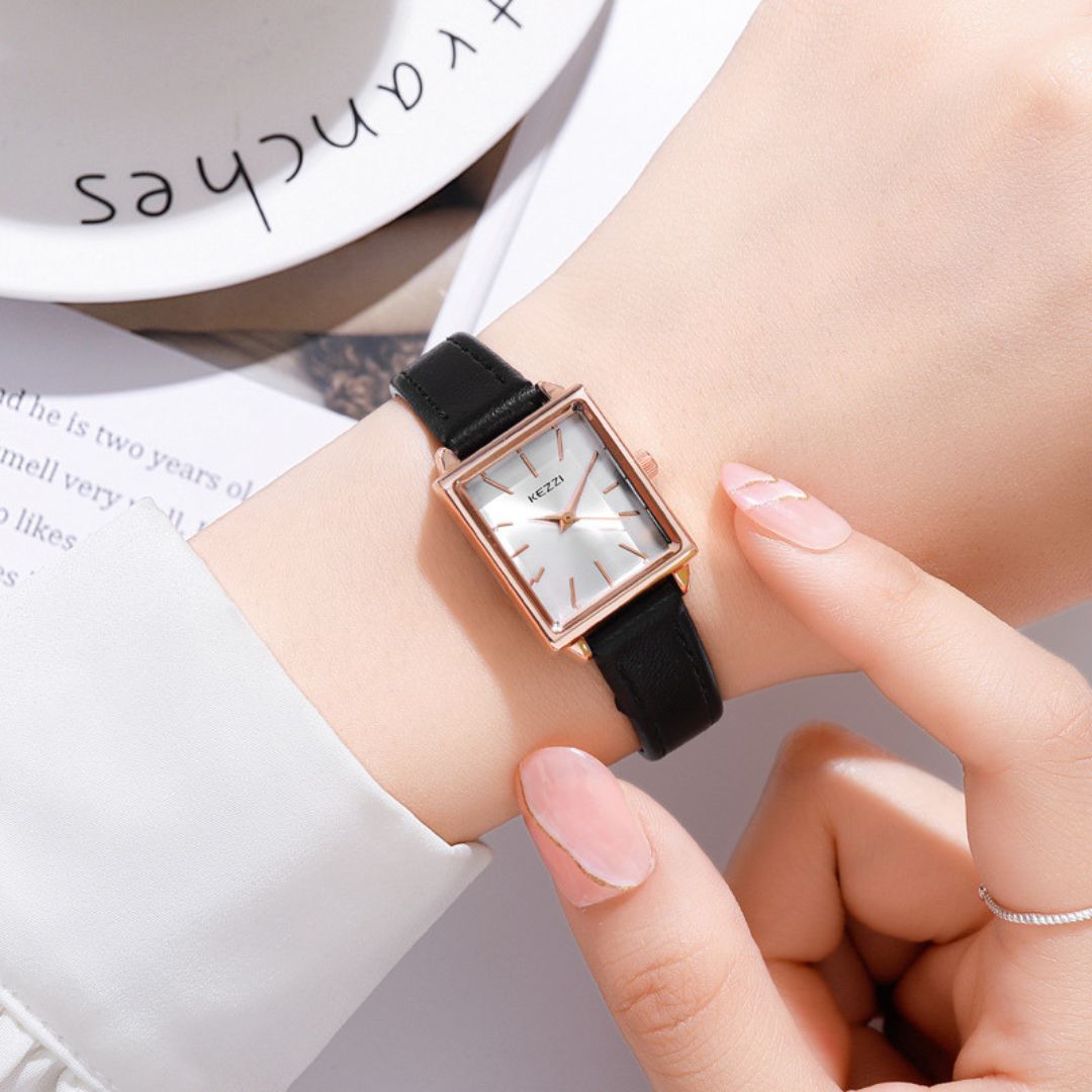 Women's Square Dial Watch with Stitched Band Detail