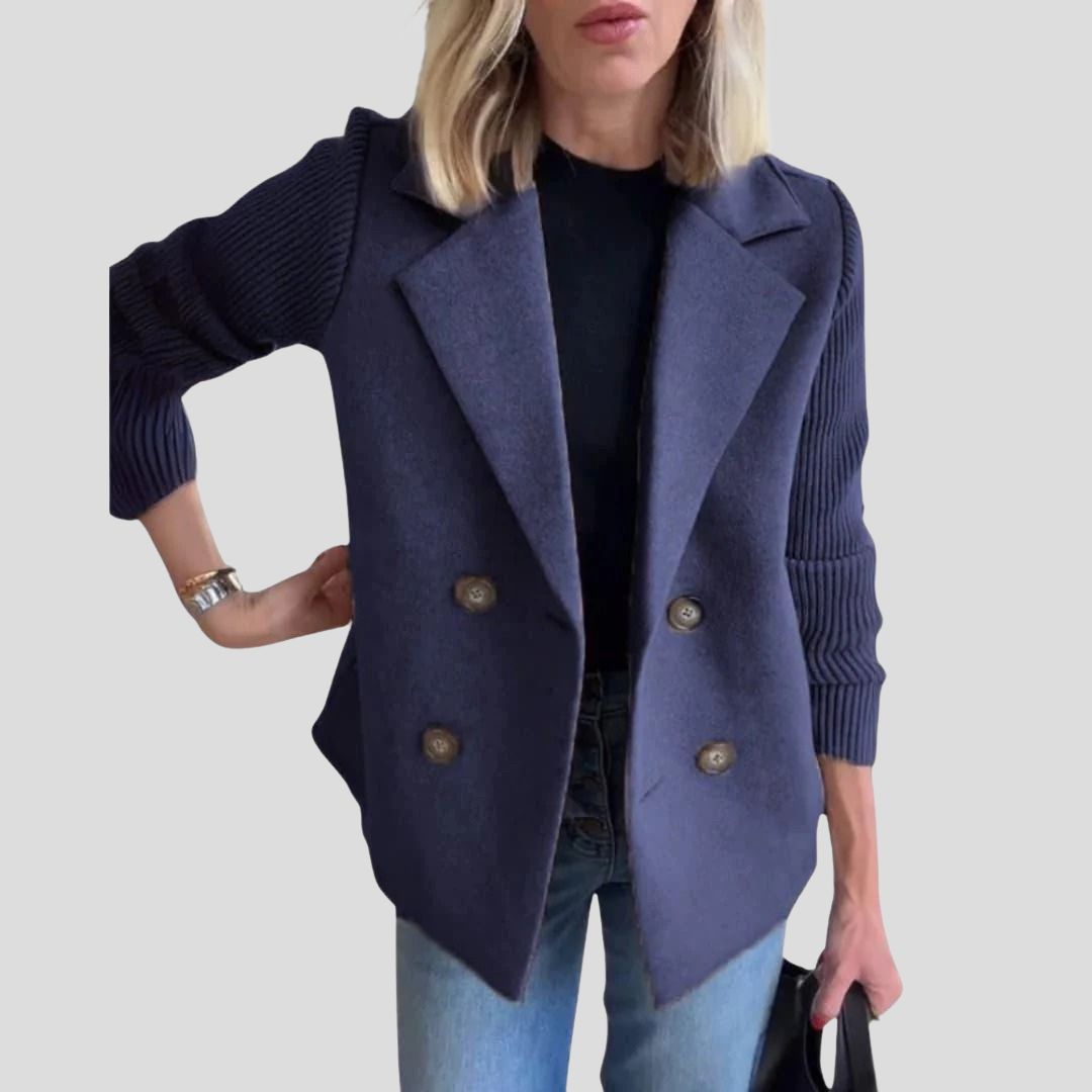 Women's Structured Blazer Jacket with Contrast Knit Sleeves