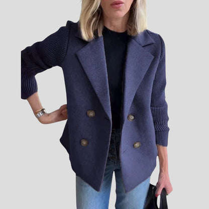 Women's Structured Blazer Jacket with Contrast Knit Sleeves