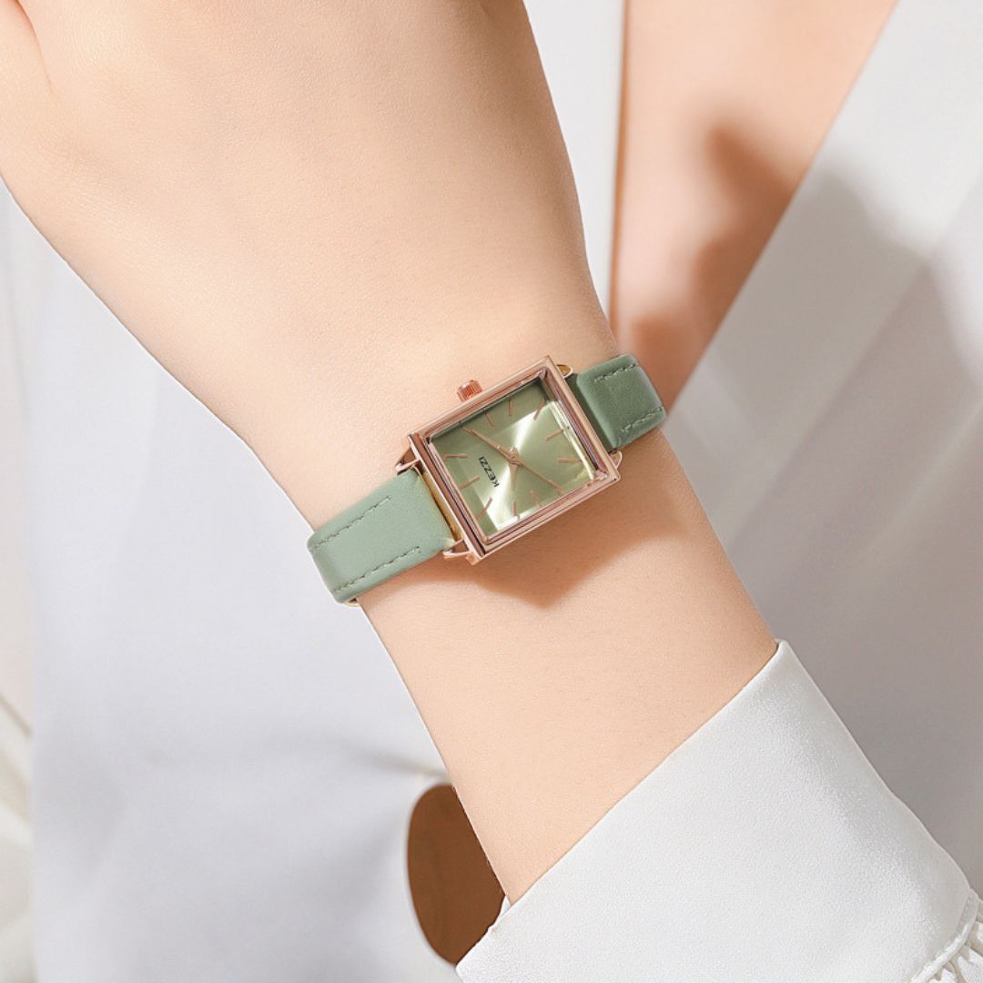 Women's Square Dial Watch with Stitched Band Detail