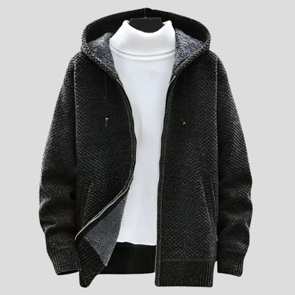 Men's Knit Hooded Zip Jacket with Patterned Exterior