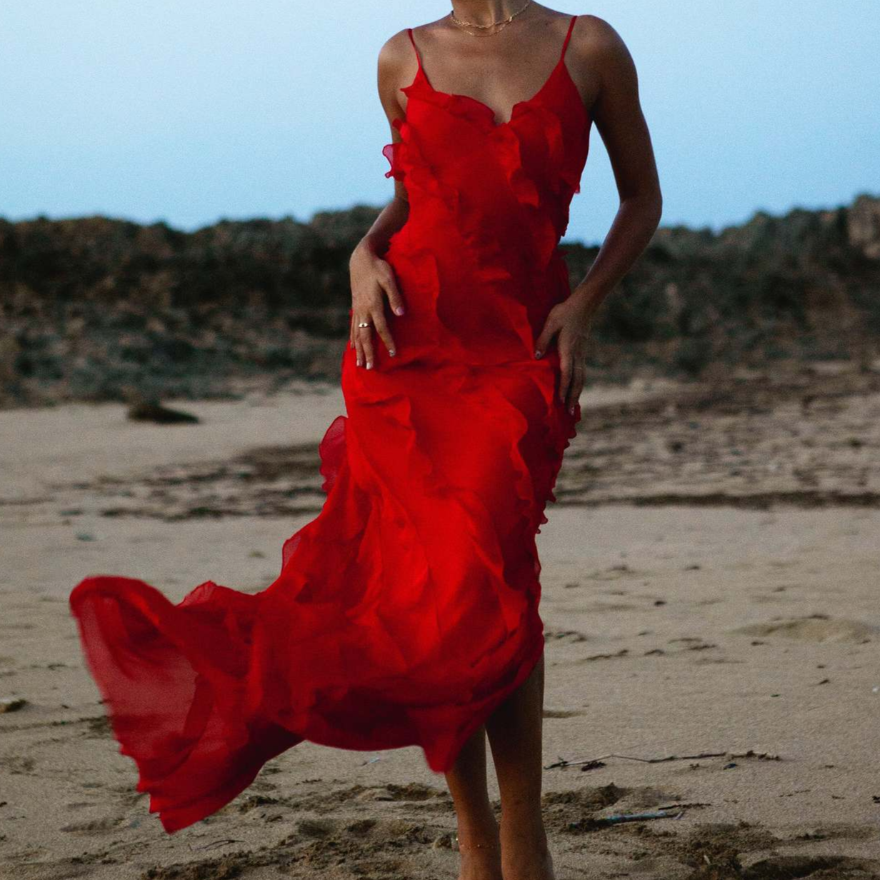 Women's Layered Ruffle Maxi Dress with Thin Straps