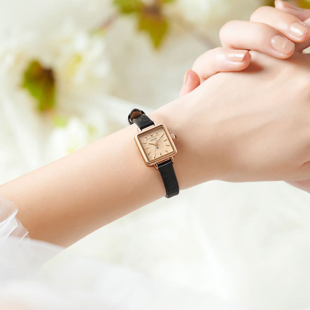 Women's Minimal Square Dial Watch with Grain-Pattern Strap