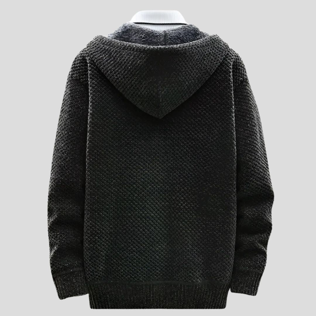 Men's Knit Hooded Zip Jacket with Patterned Exterior