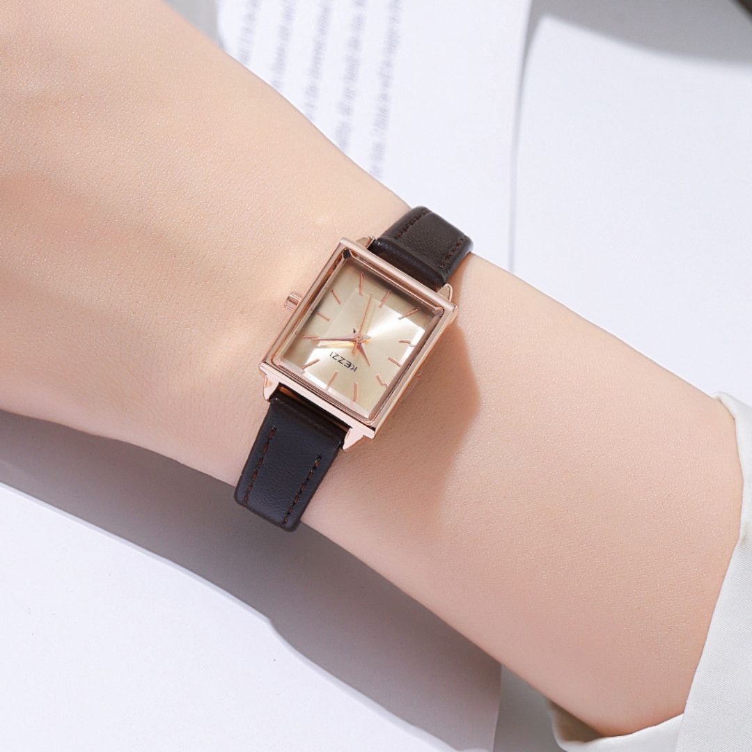 Women's Square Dial Watch with Stitched Band Detail