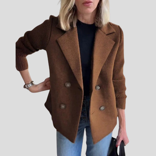 Women's Structured Blazer Jacket with Contrast Knit Sleeves