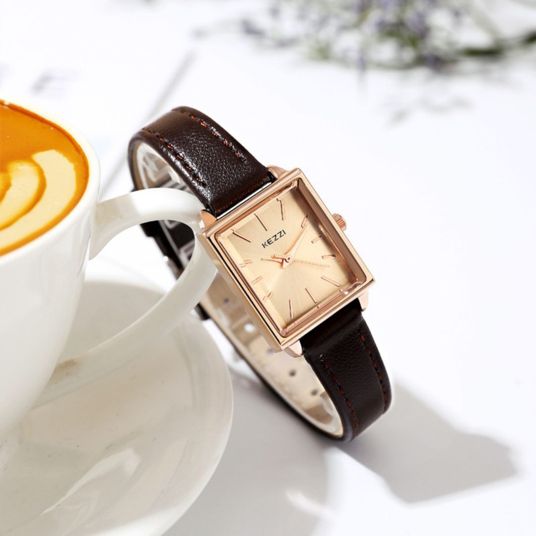 Women's Square Dial Watch with Stitched Band Detail