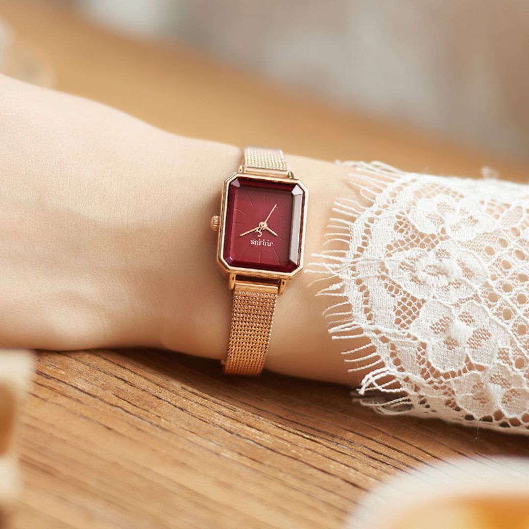 Women's Rectangular Face Watch with Fine Mesh Band