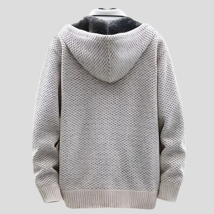 Men's Knit Hooded Zip Jacket with Patterned Exterior
