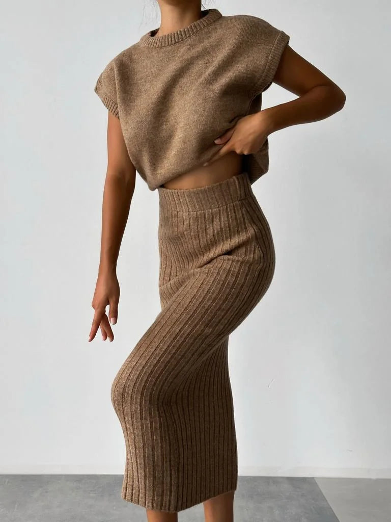 Fitted Rib-Knit Skirt Set
