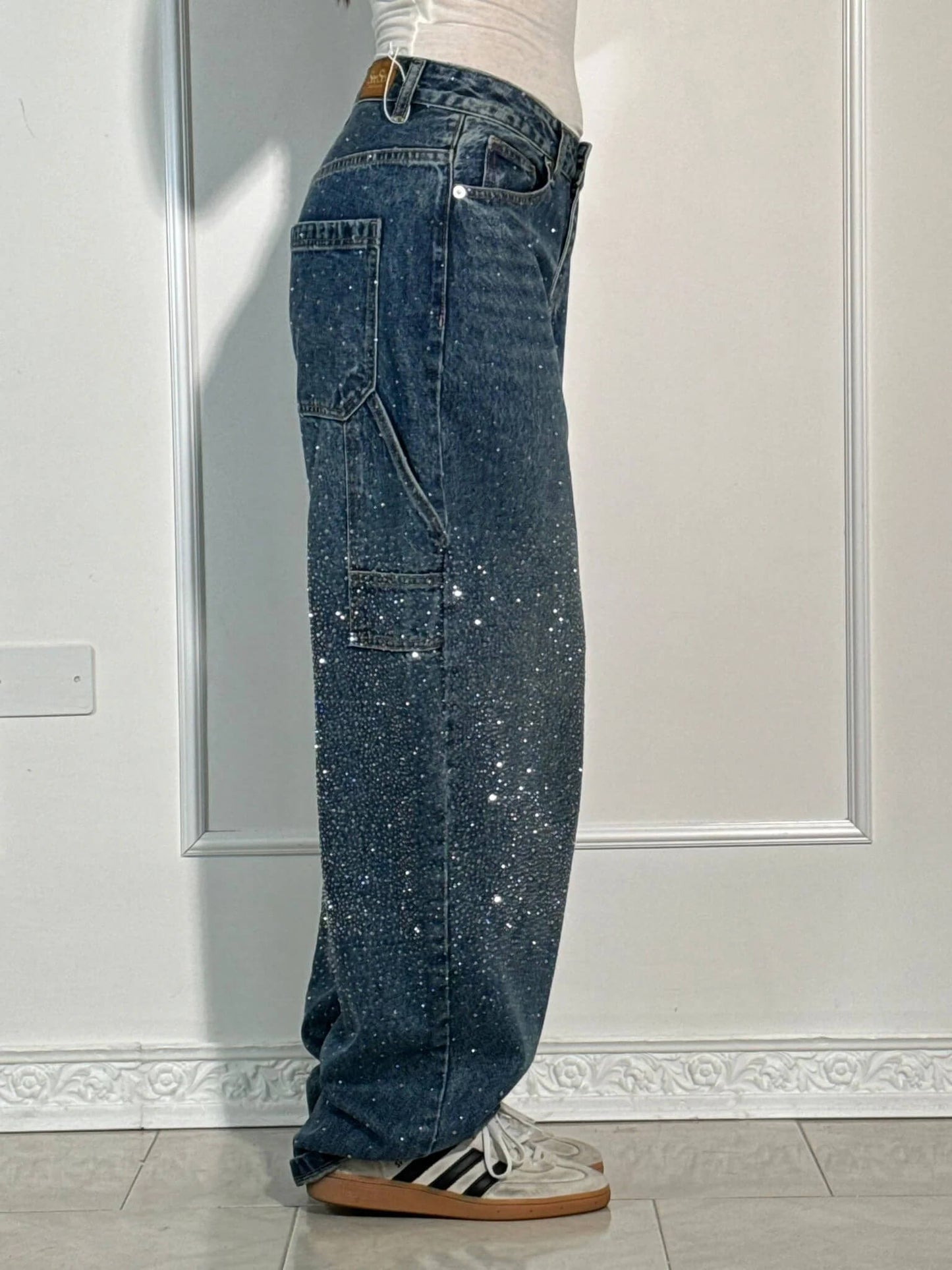 Crystal-Dusted Cargo Denim